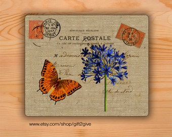 Mouse pad Butterfly Blue Flowers Postal burlap background Mousepad