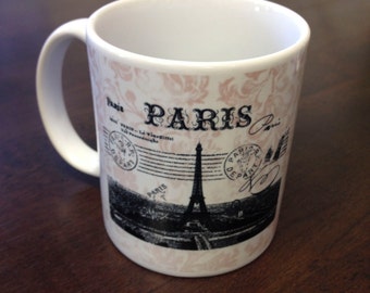 Coffee Tea or Hot Cocoa Mug Paris City France Grunge Light Pink Damask