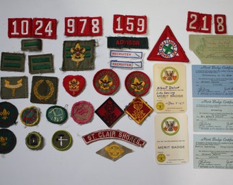 Vintage Rare 1960's Boy Scout Merit Badge Certificate and Patch Collection Life Scout  Free Shipping Domestic USA