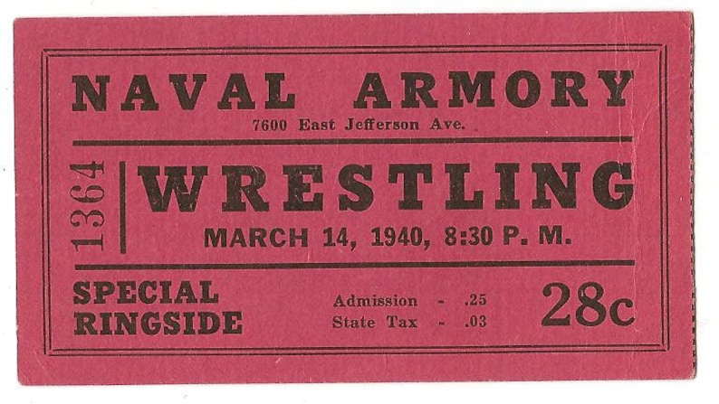 1940 Special Ringside free shipping domestic USA Vintage Naval Armory Wrestling ticket March 14