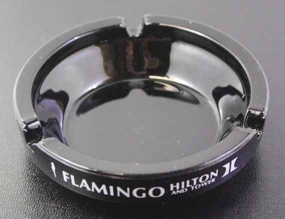 Flamingo Hilton and Tower Ashtray Las Vegas Casino Black Glass Ash Tray
