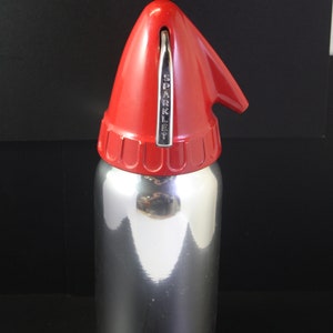 Vintage Seltzer Bottle by Sparklet. Stainless steel and Red Enamel Barware. Made in the USA Breweriana