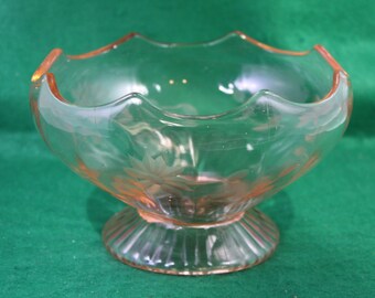 Vintage floral etched Pink Depression glass scalloped edge pedestal compote.