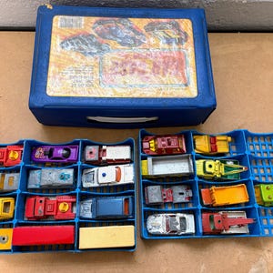 Vintage lot of (21) Matchbox, IMPY, Lesney, Matchbox superfast, NHRA, diecast vehicles with vintage carry case.