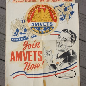 Scarce vintage Post WW II AmVets   lithograph propaganda poster - ephermera - Free Shipping Domestic USA