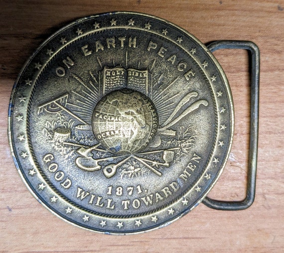 vintage brass buckle - "On Earth Peace" - Free Shi