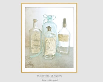 Apothecary- Vintage Farmhouse Bath Print, Shabby Cottage Chic Art, Old Bottle Photograph, Farmhouse Kitchen Art, Rustic Farmhouse Still Life