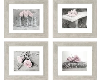 Touch of Pink Gallery- Black and White Farmhouse Art, Romantic Cottage Chic Shabby Photo Set of 4, Wall Gallery, Romantic Pink Rose Photos
