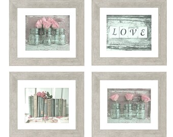 Shabby Cottage Gallery- Rose Photos, Vintage Style Prints, Farmhouse Art, Pink Rose Photo, Rustic French Cottage Wall Art Gallery Set of 4