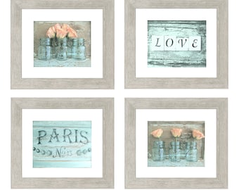Paris Love Gallery- Rose Wall Art Gallery, Farmhouse Art Prints, French Country Photography, Shabby Chic Wall Art Set of 4 Romantic Rose Art