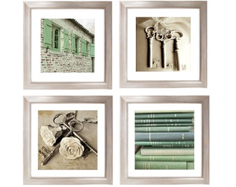 Farmhouse Gallery- Wall Art Set of 4, French Cottage Prints, Green and Beige Bedroom Wall Art, Rustic Vintage Vibe Art Prints, Rose Photo