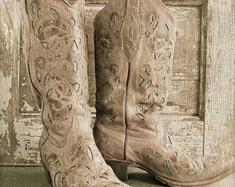 Cowgirl Chic- Cowgirl Boot Country Western Art, Boot Print, Cowboy Boot Photograph, Texas Cowgirl Boot Art, Rustic Beige Farmhouse Art Print