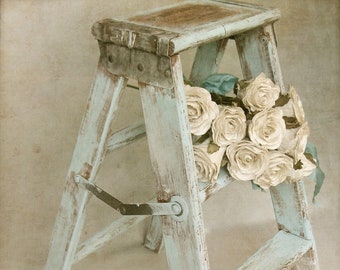 Forget Me Not- Farmhouse Kitchen Rustic Art Print, French Country Photography, Rustic Vintage Step Stool Bath Art, Romantic White Rose Print