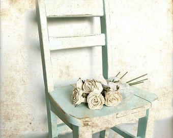 Time Out- Farmhouse Chair Art Print, Shabby Rustic Chic Print, Vintage Child Chair Art, Aqua Child Nursery Print, Country Kitchen Wall Decor