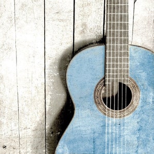 Blue Acoustic Guitar Wall Art Print, Guitar Photography, Music Lover Art Print, Abstract Acoustic Guitar Art, Vintage Old Blue Guitar Photo image 1