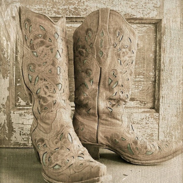 Cowgirl Chic- Cowgirl Boot Country Western Art, Boot Print, Cowboy Boot Photograph, Texas Cowgirl Boot Art, Rustic Beige Farmhouse Art Print