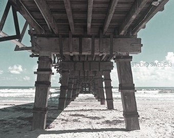 Boardwalk Bues- Coastal Beach Photo, Florida Beach Pier, Seascape, Blue Sky Landscape, Ocean Art Print, Nature Photography, Beach Boardwalk