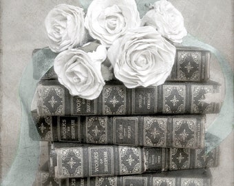 Hopeless Romantic- Book Lover Wall Art, Library Office Old Book Photo, Farmhouse Wall Print, Romantic White Rose Art Print, Author Gift