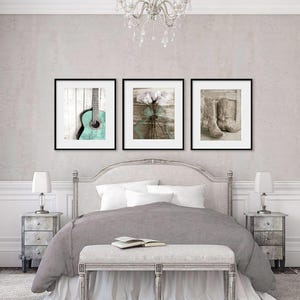 Aqua Nashville Gallery- Country Western Cowgirl Wall Art, Boot Art, Rose Photo, Guitar Art, Farmhouse Romantic Set of 3 Rustic Art Prints