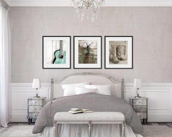 Aqua Nashville Gallery- Country Western Cowgirl Wall Art, Boot Art, Rose Photo, Guitar Art, Farmhouse Romantic Set of 3 Rustic Art Prints