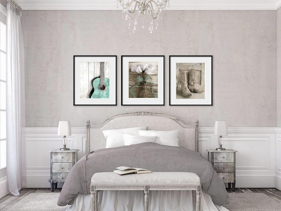 Aqua Nashville Gallery- Country Western Cowgirl Wall Art, Boot Art, Rose Photo, Guitar Art, Farmhouse Romantic Set of 3 Rustic Art Prints