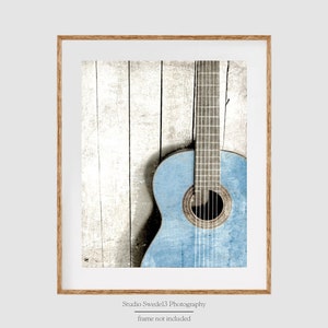 Blue Acoustic- Guitar Wall Art Print, Guitar Photography, Music Lover Art Print, Abstract Acoustic Guitar Art, Vintage Old Blue Guitar Photo