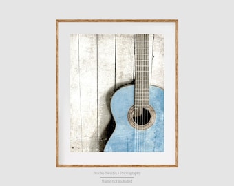 Blue Acoustic- Guitar Wall Art Print, Guitar Photography, Music Lover Art Print, Abstract Acoustic Guitar Art, Vintage Old Blue Guitar Photo