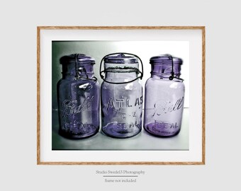 Purple Trio- Farmhouse Kitchen Mason Jar Photography, Farmhouse Bath Art, Nostalgic Rustic Purple Art Print, Shabby Cottage Farmhouse Art