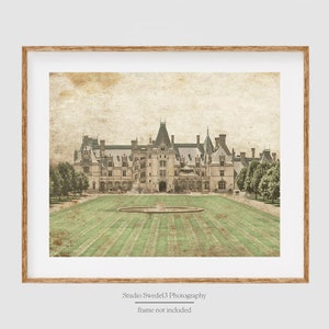 May include: A vintage-style print of a large, stone mansion with a green lawn and a circular fountain in front. The image has a faded, textured background.