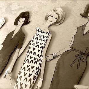 May include: Four paper dolls with black hair and black and white dresses. The dolls are wearing different styles of dresses, including a dress with a V-neck and a dress with a scoop neck.