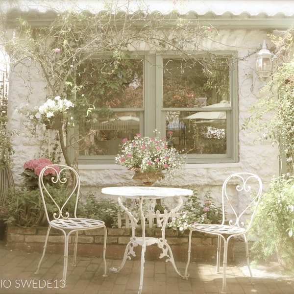 English Tea Garden- Cafe Garden Print, Cottage Photography, Cafe Art, Bistro Kitchen Art, Home and Garden Art, Rose Garden Print, Garden Art