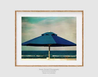 Blue Umbrella- Beach Umbrella Print, Florida Beach Wall Art, Coastal Beach House Decor, Beach Umbrella Art, Contemporary Abstract Beach Art