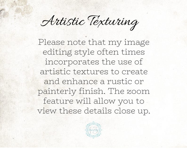 Op de afbeelding: Tekst op een witte achtergrond die luidt: "Artistic Texturing. Houd er rekening mee dat mijn beeldbewerkingsstijl vaak het gebruik van artistieke texturen omvat om een rustieke of schilderachtige afwerking te cre&euml;ren en te verbeteren. De zoomfunctie stelt je in staat om deze details van dichtbij te bekijken."