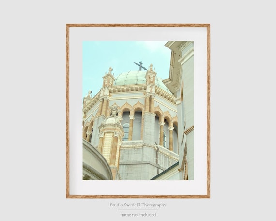 Cathedral In The Clouds- Architectural Photo, Saint Augustine Art, Church Spiritual Cross Art, Aqua Decor, Religious Print, Abstract Art