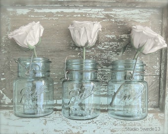 White Rose Trio- Farmhouse Art Print, Shabby Cottage French Country Kitchen Art, Fixer Upper Style Art, Rustic Farmhouse White Rose Photo