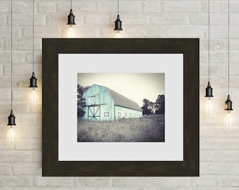 Aqua Barn- Landscape Art Print, Old Barn Photo, Barn Wall Art, Country Farm Print, Fixer Upper Style, Rustic Farmhouse Black and White Art