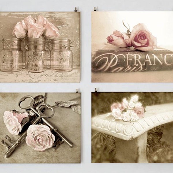 Blush Rose Gallery- Rose Photography, Shabby Chic Photo Set, Blush Rose French Cottage Farmhouse Wall Gallery, Romantic Pink Rose Photos