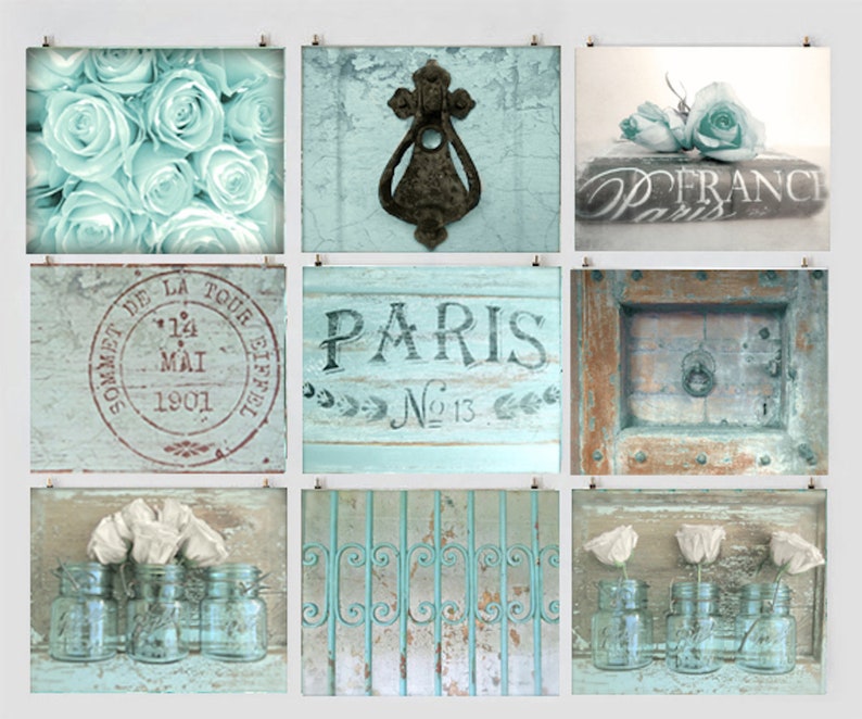 Paris Blues Gallery Romantic Aqua Wall Art, Modern Farmhouse Wall Art, Rustic Aqua Prints, Cottage Still Life Photography, Set of 9 Prints image 1