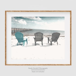 Three Chairs- Beach Photography, Coastal Beach Art, Adirondack Chair Photo, Florida Beach Ocean Pier Photo, Seashore Beach House Art Print
