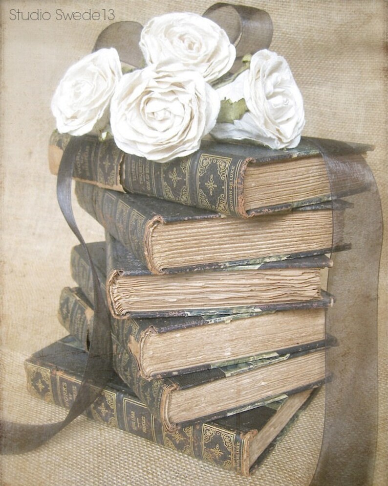 Shakespeare Stack Book Art, Modern Farmhouse Print, Vintage Book Print, Shabby Cottage Chic Old Books, Rustic Beige Library Office Decor image 1