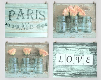 Paris Love Gallery- Rose Wall Art Gallery, Farmhouse Art Prints, French Country Photography, Shabby Chic Wall Art Set of 4 Romantic Rose Art