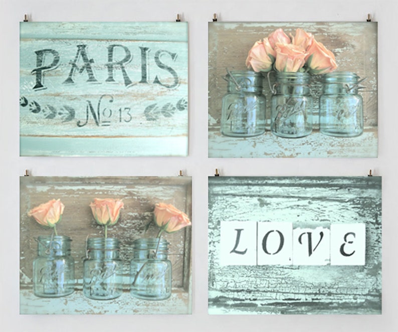 Paris Love Gallery Rose Wall Art Gallery, Farmhouse Art Prints, French Country Photography, Shabby Chic Wall Art Set of 4 Romantic Rose Art image 1