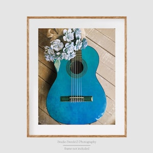 The Blues- Guitar Art Photography, Music Lover Instrument Art, Acoustic Vintage Guitar Photo, Blue Guitar Art Print, Rustic Farmhouse Art