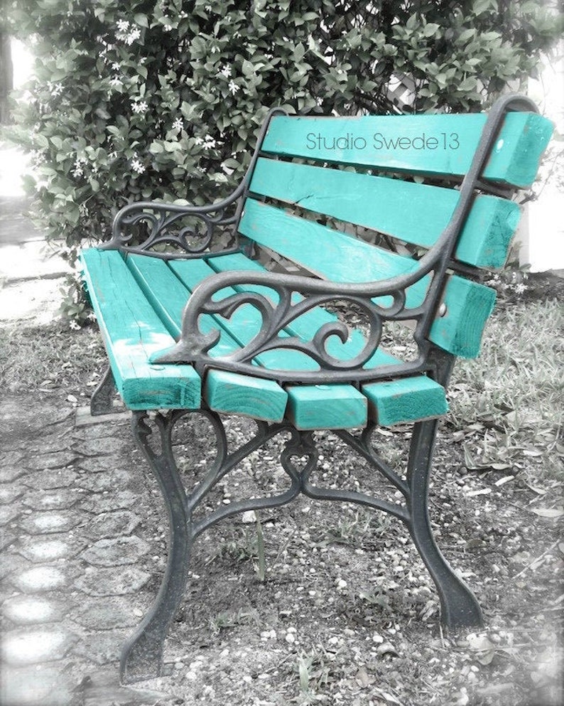 Turquoise Rustic Farmhouse Wall Art Waiting In Vain Bench Art Abstract Park Bench Still Life Blue Bench Garden Photography Bench Art
