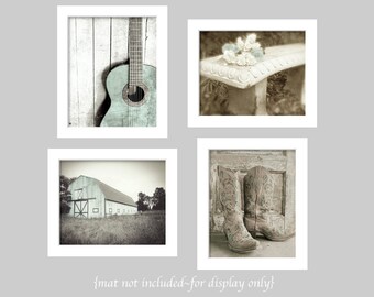 Aqua Farm Gallery- Farmhouse Kitchen Art, Rural Farm Photography, Romantic Country Chic Wall Art Set, Aqua Barn Art, Boots & Guitar Art