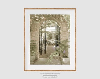 Cobblestone Cafe- Cafe Garden Print, Cottage Photography, Bistro Kitchen Art, Iron Gate, Home and Garden Art, Farmhouse Wall Decor, Cafe Art