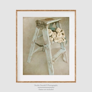Forget Me Not- Farmhouse Kitchen Rustic Art Print, French Country Photography, Rustic Vintage Step Stool Bath Art, Romantic White Rose Print