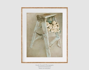 Forget Me Not- Farmhouse Kitchen Rustic Art Print, French Country Photography, Rustic Vintage Step Stool Bath Art, Romantic White Rose Print