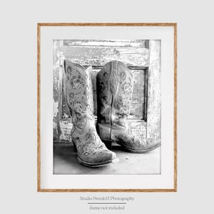 Cowgirl Chic- Black and White Boot Photo, Country Western Art, Boot Art, Cowboy Boot Photograph, Cowgirl Boot Print, Rustic Farmhouse Art
