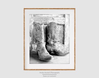 Cowgirl Chic- Black and White Boot Photo, Country Western Art, Boot Art, Cowboy Boot Photograph, Cowgirl Boot Print, Rustic Farmhouse Art